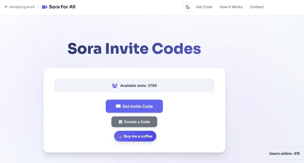 A webpage titled “Sora Invite Codes” from escaping.work showing options to “Get Invite Code,” “Donate a Code,” and “Buy me a coffee.” It displays 3,790 available slots and 415 users online.