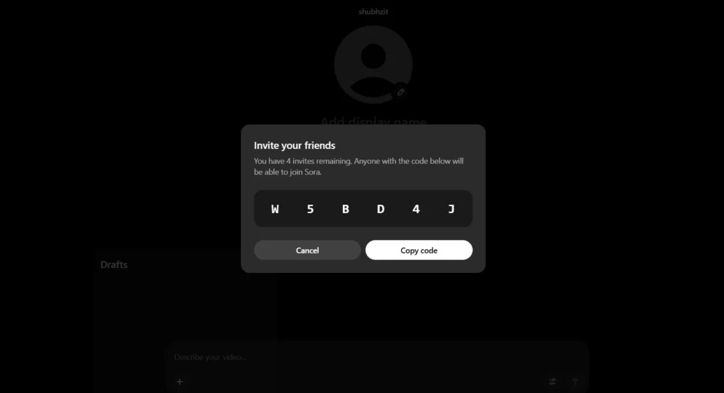 Sora invite pop-up window on a dark background showing the message “Invite your friends.” The code “W5BD4J” is displayed with an option to copy the code.