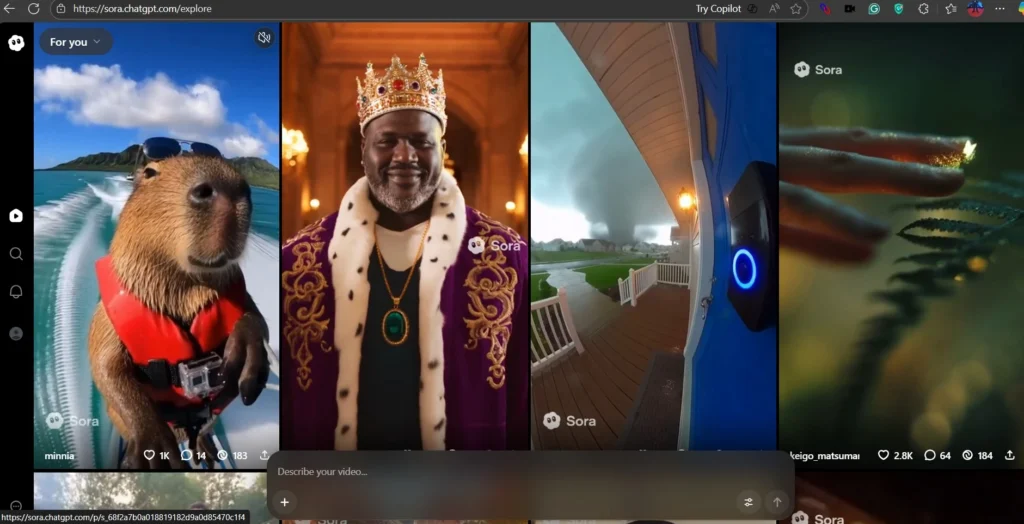 Sora video feed interface showing multiple AI-generated short videos, including a capybara wearing sunglasses, a man dressed as a king, a tornado view from a porch, and a glowing finger touching light particles.